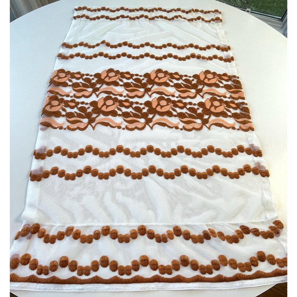 Vintage 70s curtain, tan, rust floral & dots embroidered pattern, sheer panel